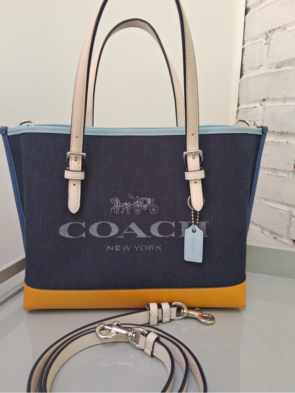 Authentic Coach Mollie 25  Denim Color block Tote - Navy, Yellow & Light Blue